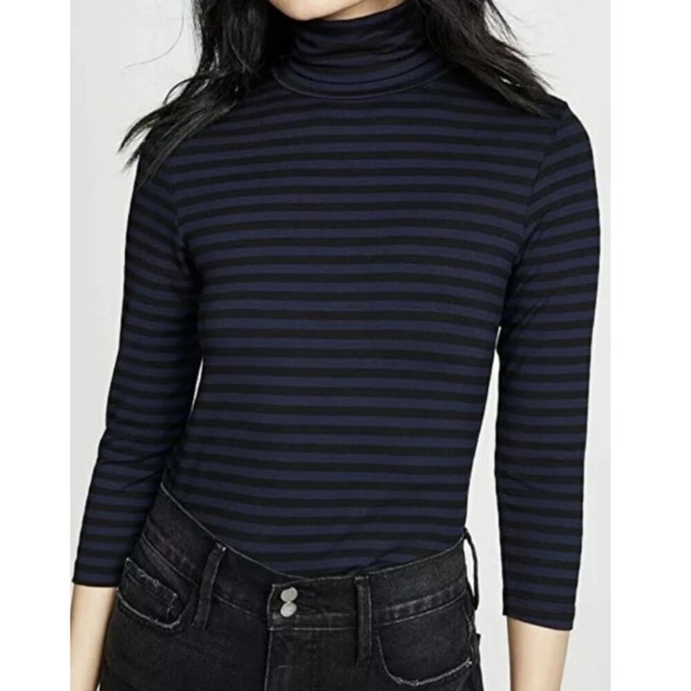 LAgence Aja Striped Turtleneck Womens M  Navy Black 3/4 Sleeve Rayon Jersey Top